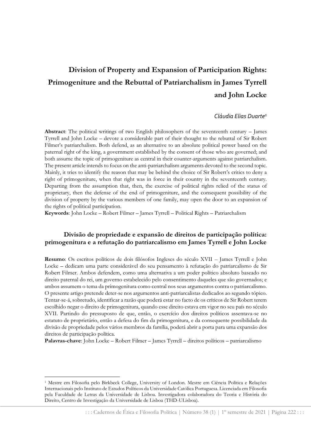 Primogeniture and the Rebuttal of Patriarchalism in James Tyrrell and John Locke