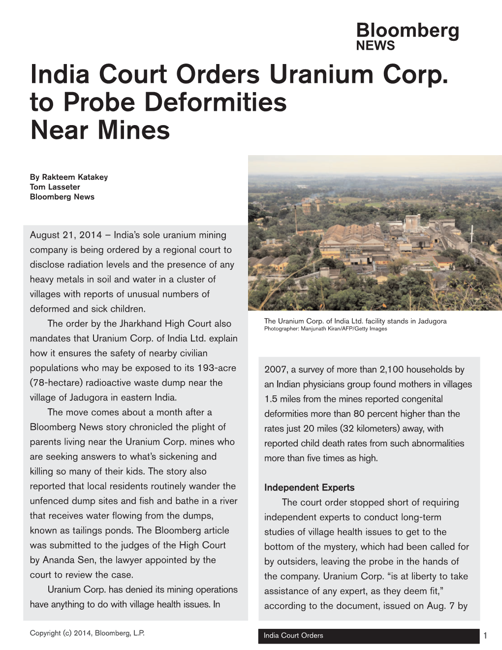 India Court Orders Uranium Corp. to Probe Deformities Near Mines