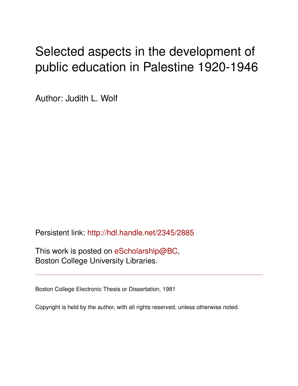 Selected Aspects in the Development of Public Education in Palestine 1920-1946