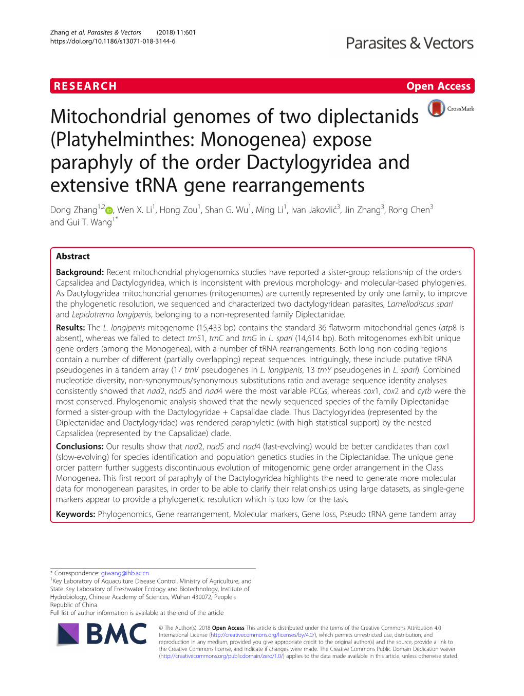Mitochondrial Genomes of Two Diplectanids (Platyhelminthes