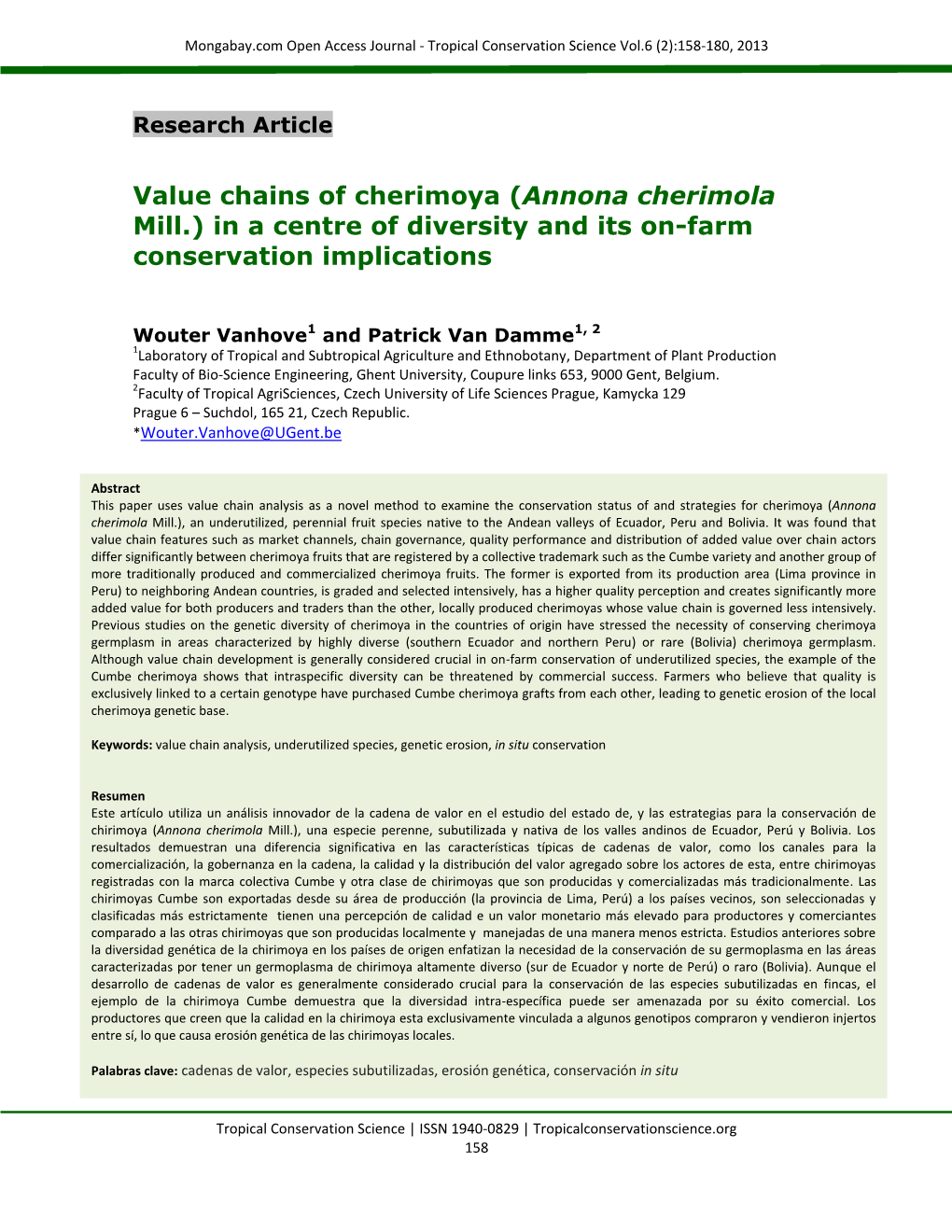 Value Chains of Cherimoya (Annona Cherimola Mill.) in a Centre of Diversity and Its On-Farm Conservation Implications