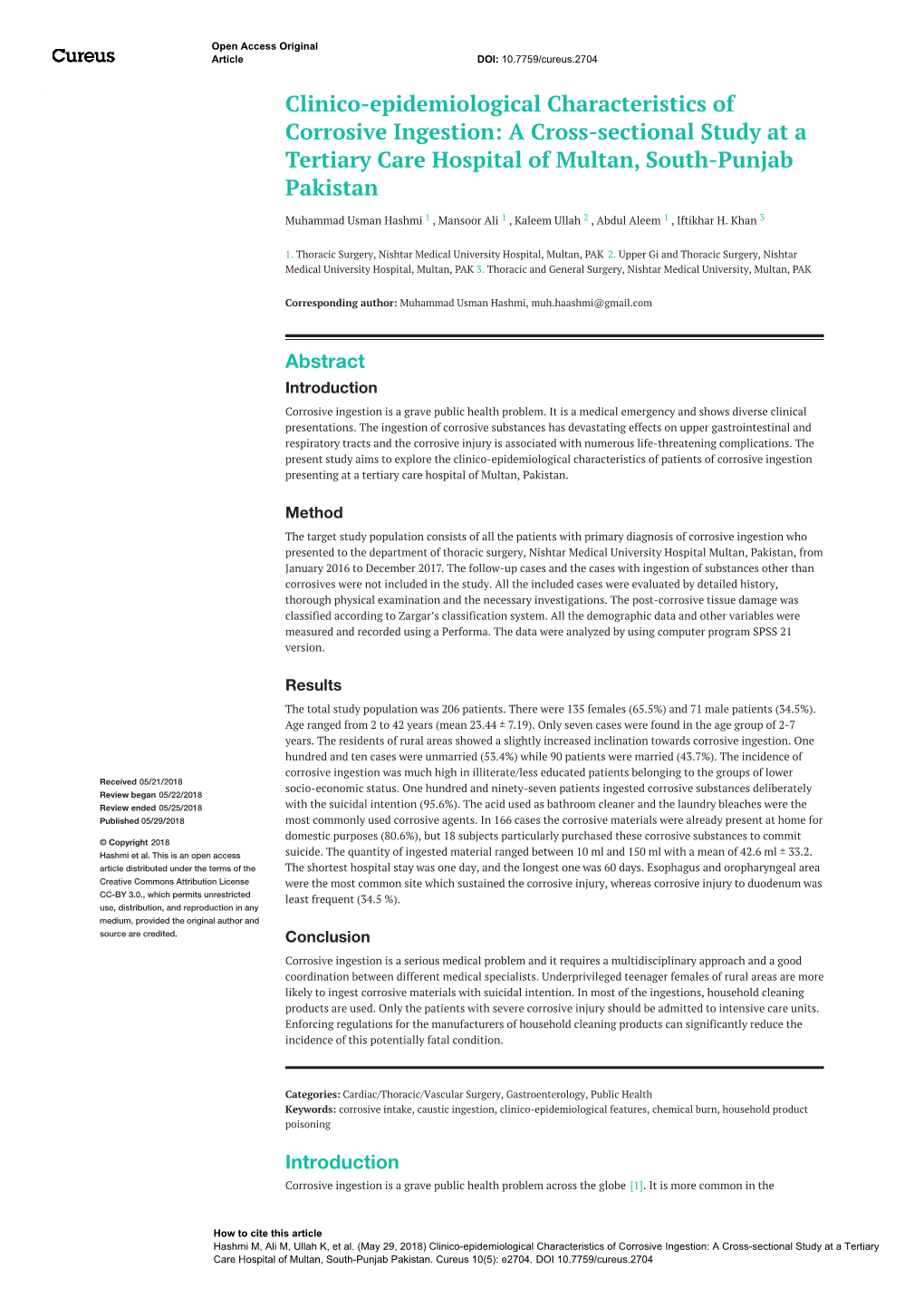 Clinico-Epidemiological Characteristics of Corrosive Ingestion: a Cross-Sectional Study at a Tertiary Care Hospital of Multan, South-Punjab Pakistan