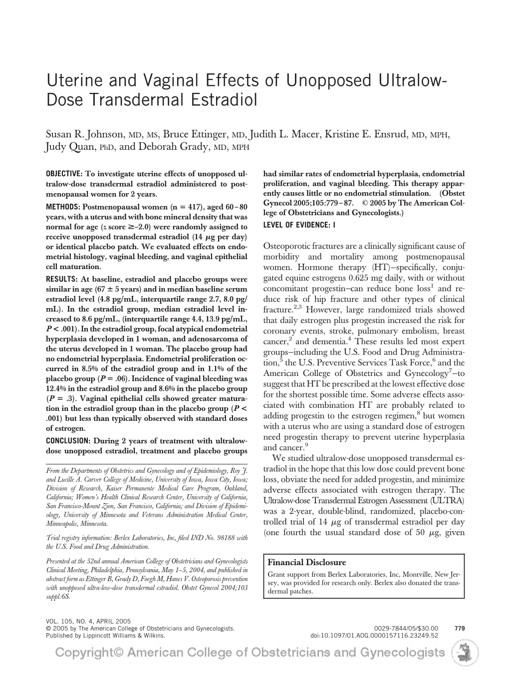 Uterine and Vaginal Effects of Unopposed Ultralow- Dose Transdermal Estradiol