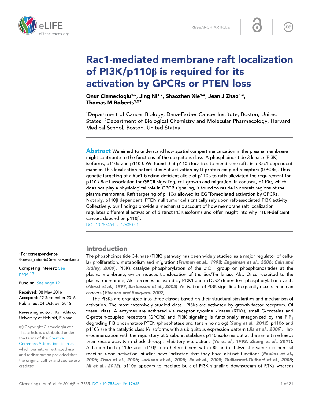 Rac1-Mediated Membrane Raft Localization of PI3K/P110b Is