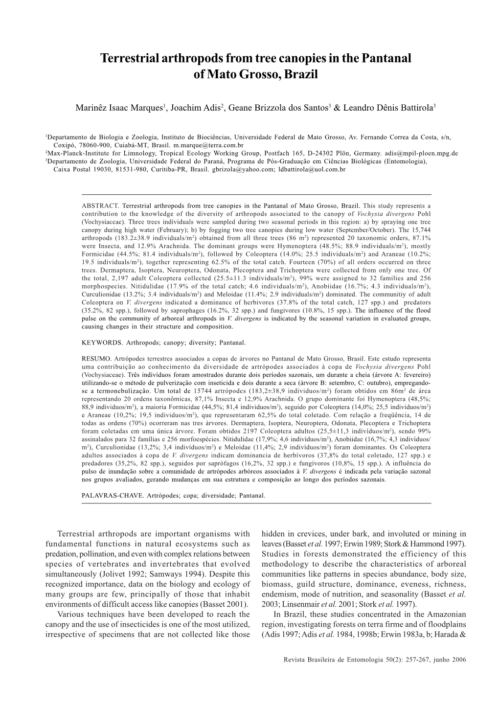 Terrestrial Arthropods from Tree Canopies in the Pantanal of Mato Grosso, Brazil