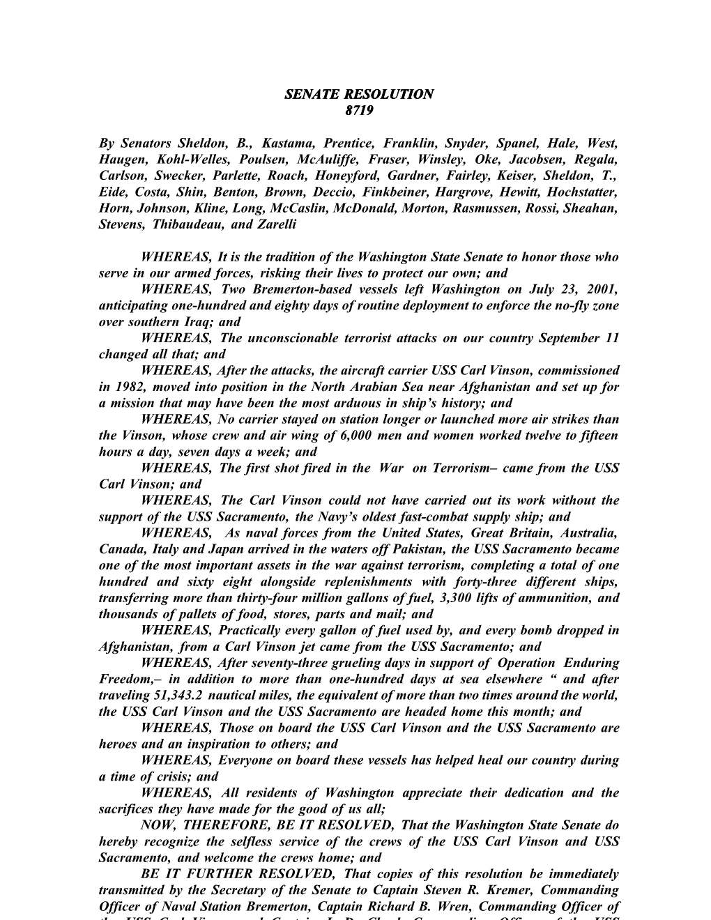 SENATE RESOLUTION 8719 by Senators Sheldon, B., Kastama