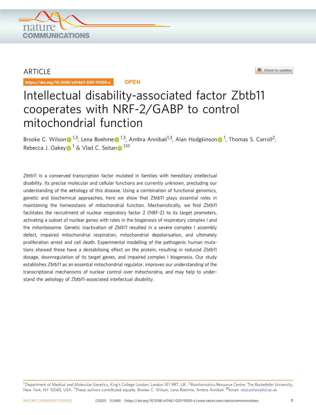 Intellectual Disability-Associated Factor Zbtb11 Cooperates with NRF-2/GABP to Control Mitochondrial Function