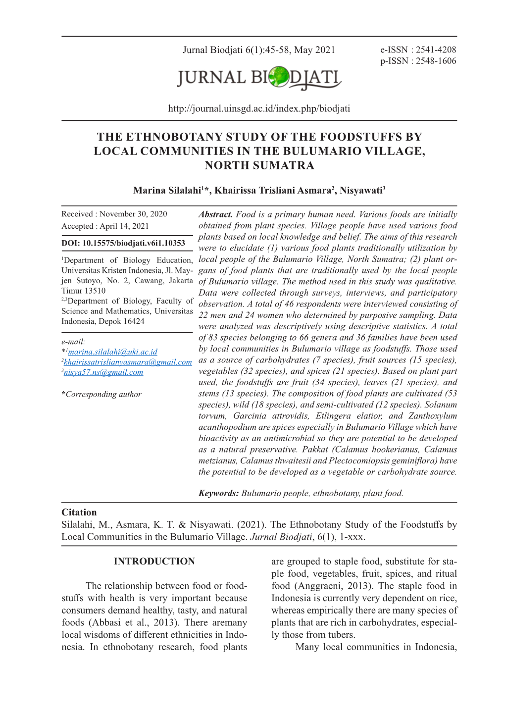 The Ethnobotany Study of the Foodstuffs by Local Communities in the Bulumario Village, North Sumatra
