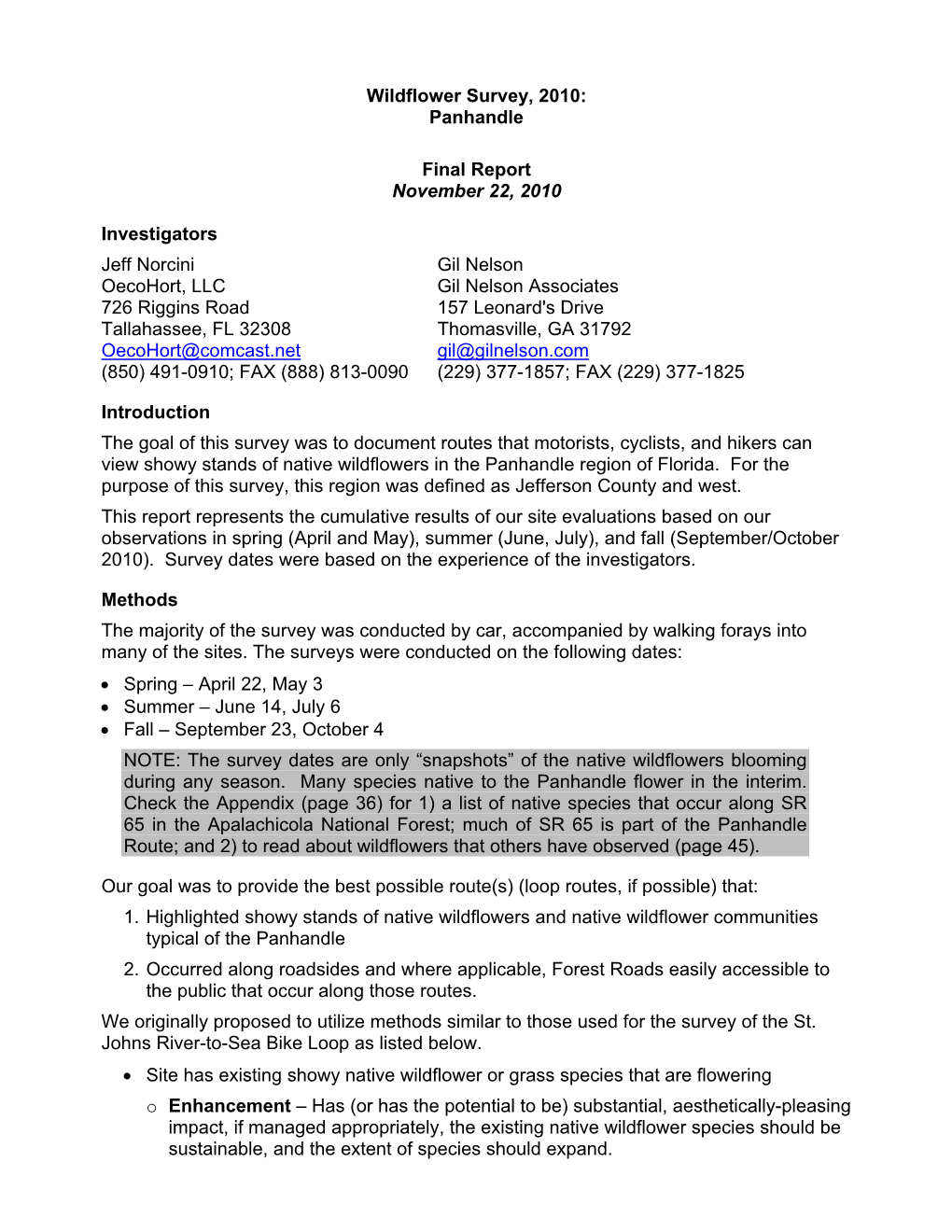 Wildflower Survey, 2010: Panhandle Final Report November 22, 2010