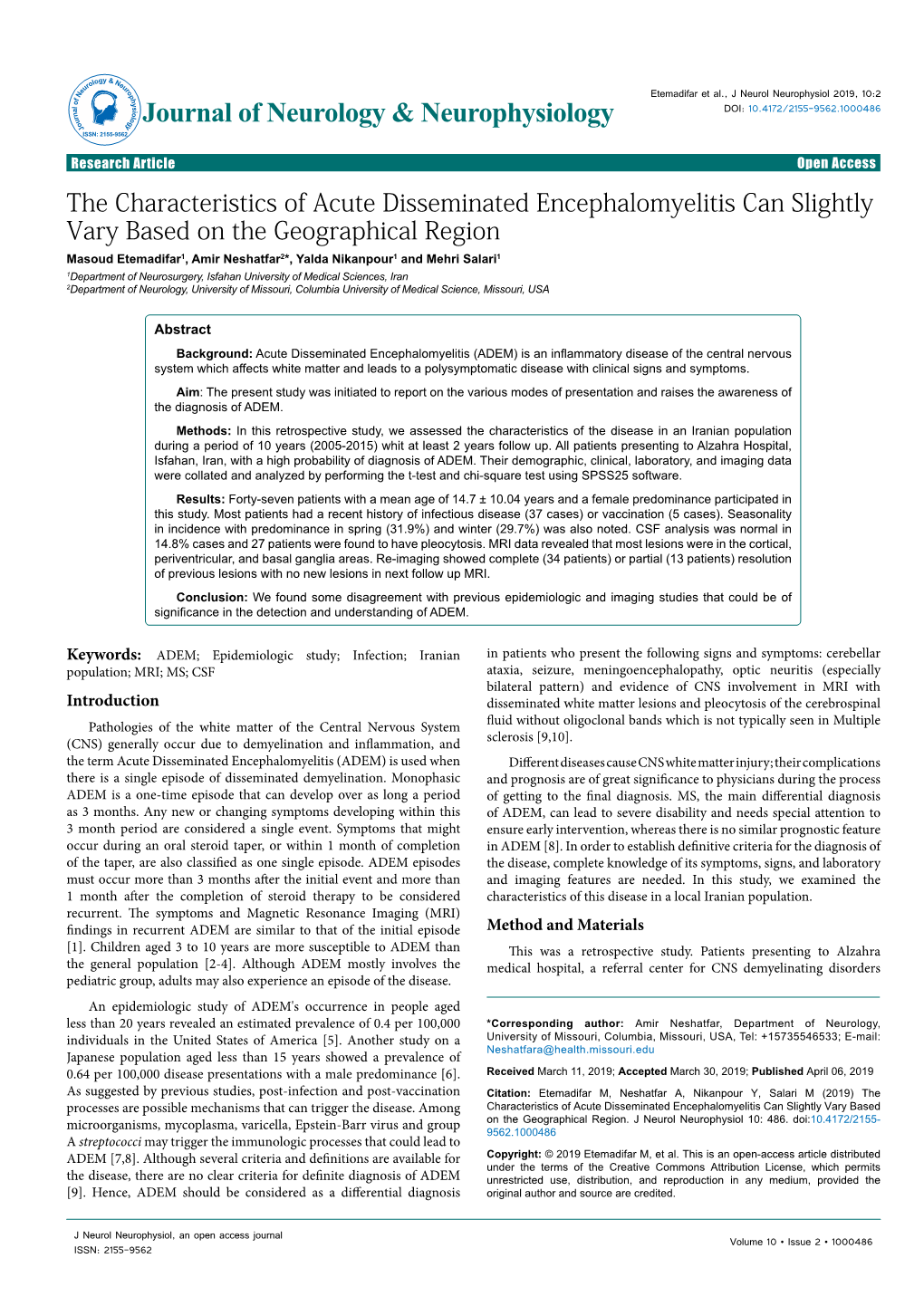 The Characteristics of Acute Disseminated Encephalomyelitis