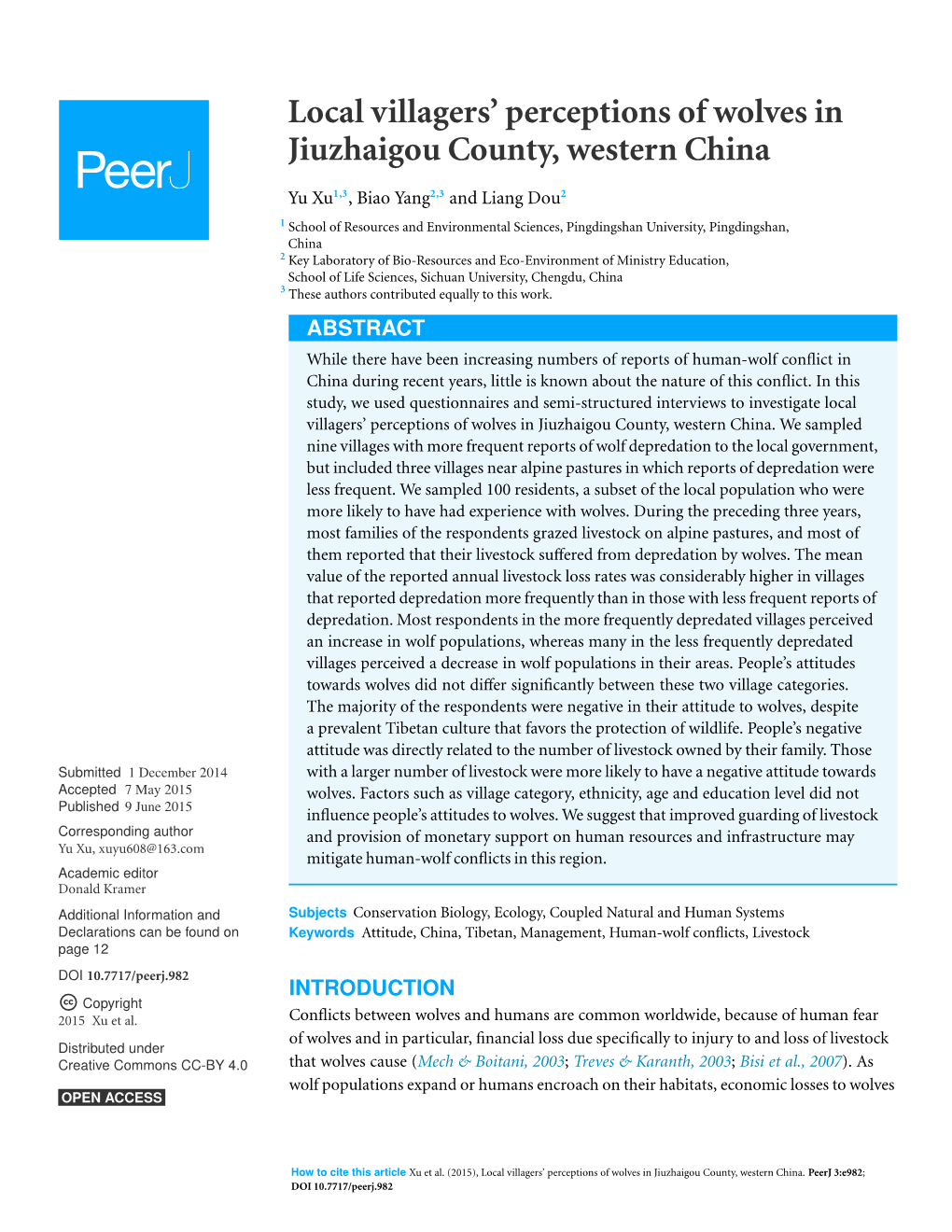 Local Villagers' Perceptions of Wolves in Jiuzhaigou County, Western China
