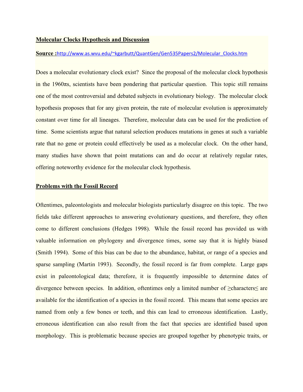 Molecular Clocks Hypothesis and Discussion