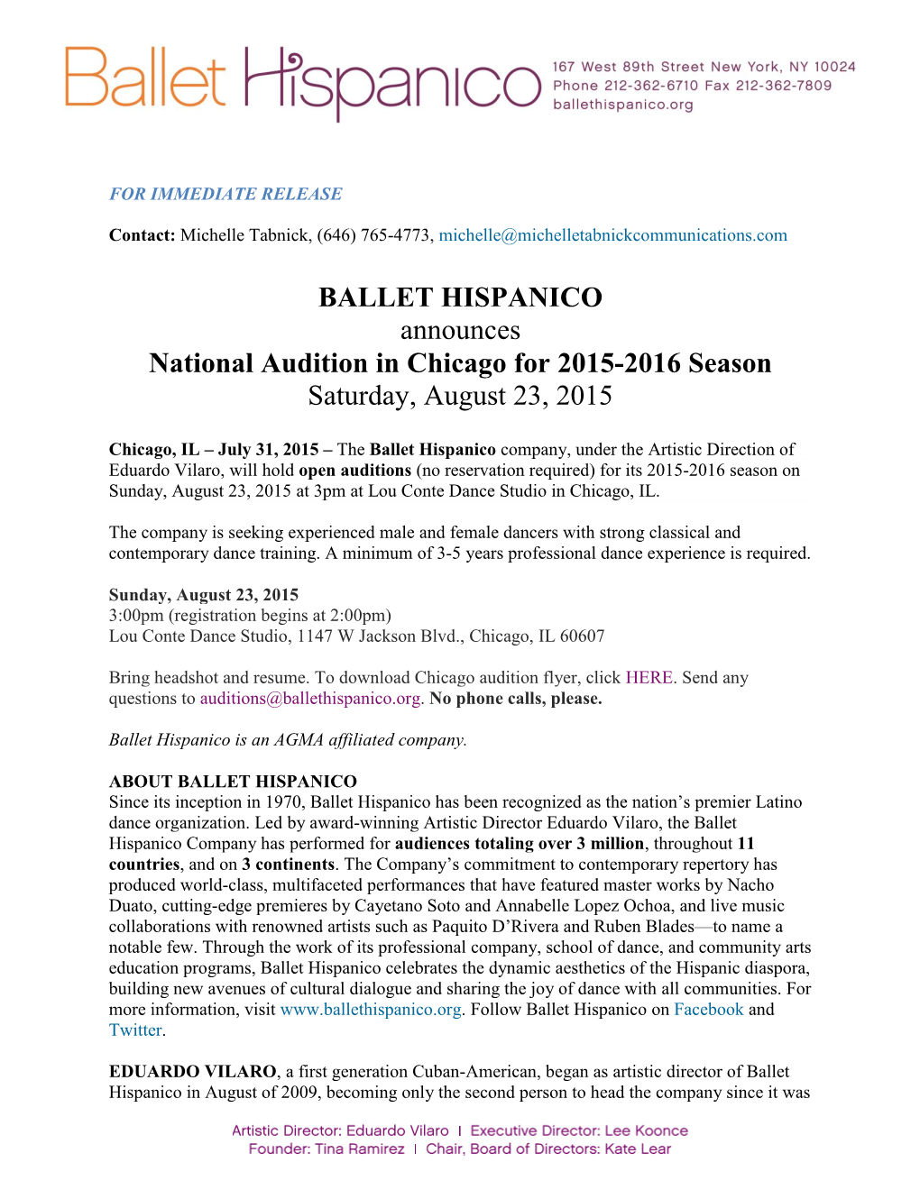 BALLET HISPANICO Announces National Audition in Chicago for 2015-2016 Season Saturday, August 23, 2015