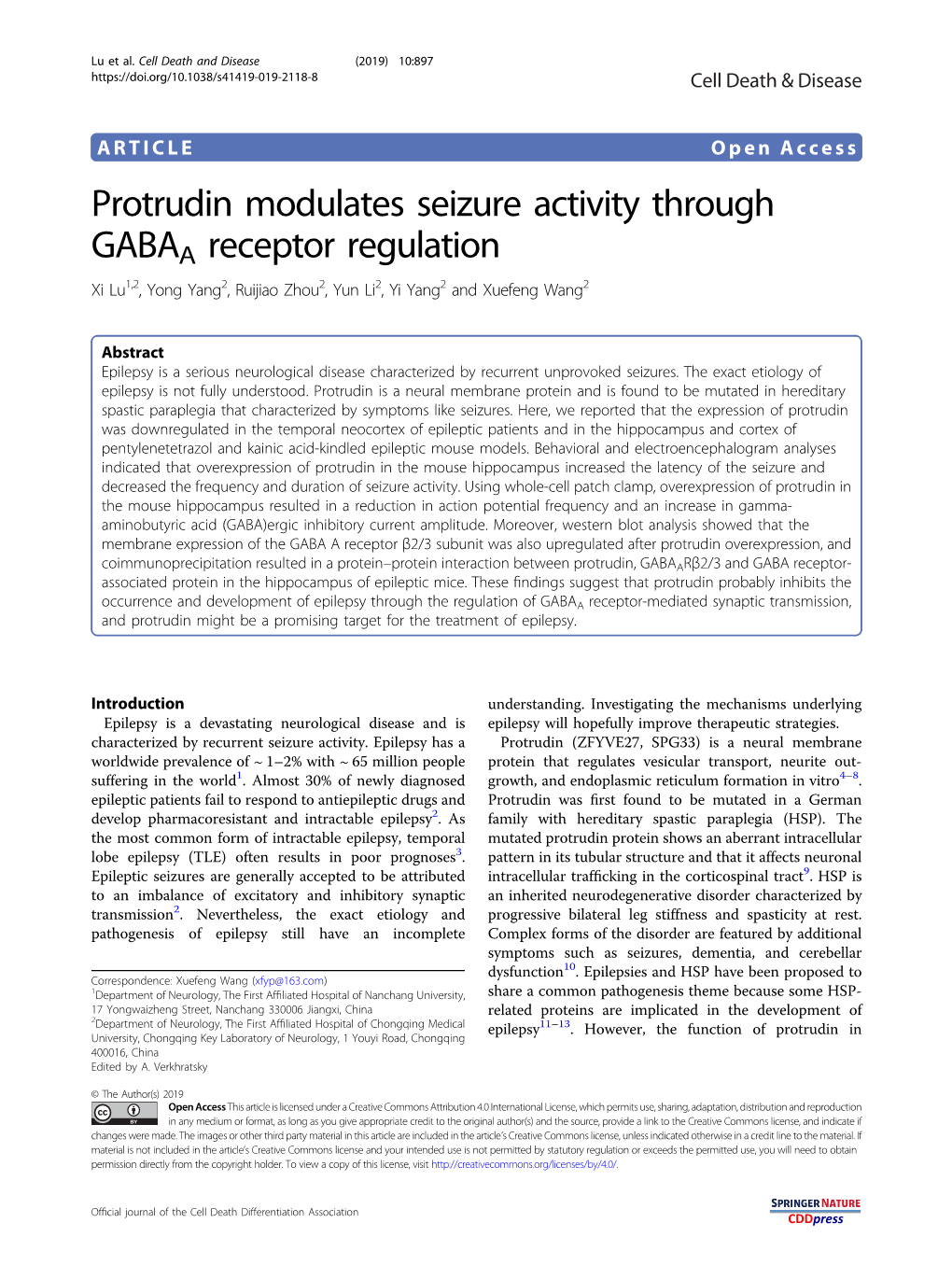 Protrudin Modulates Seizure Activity Through GABAA Receptor Regulation Xi Lu1,2, Yong Yang2, Ruijiao Zhou2,Yunli2,Yiyang2 and Xuefeng Wang2