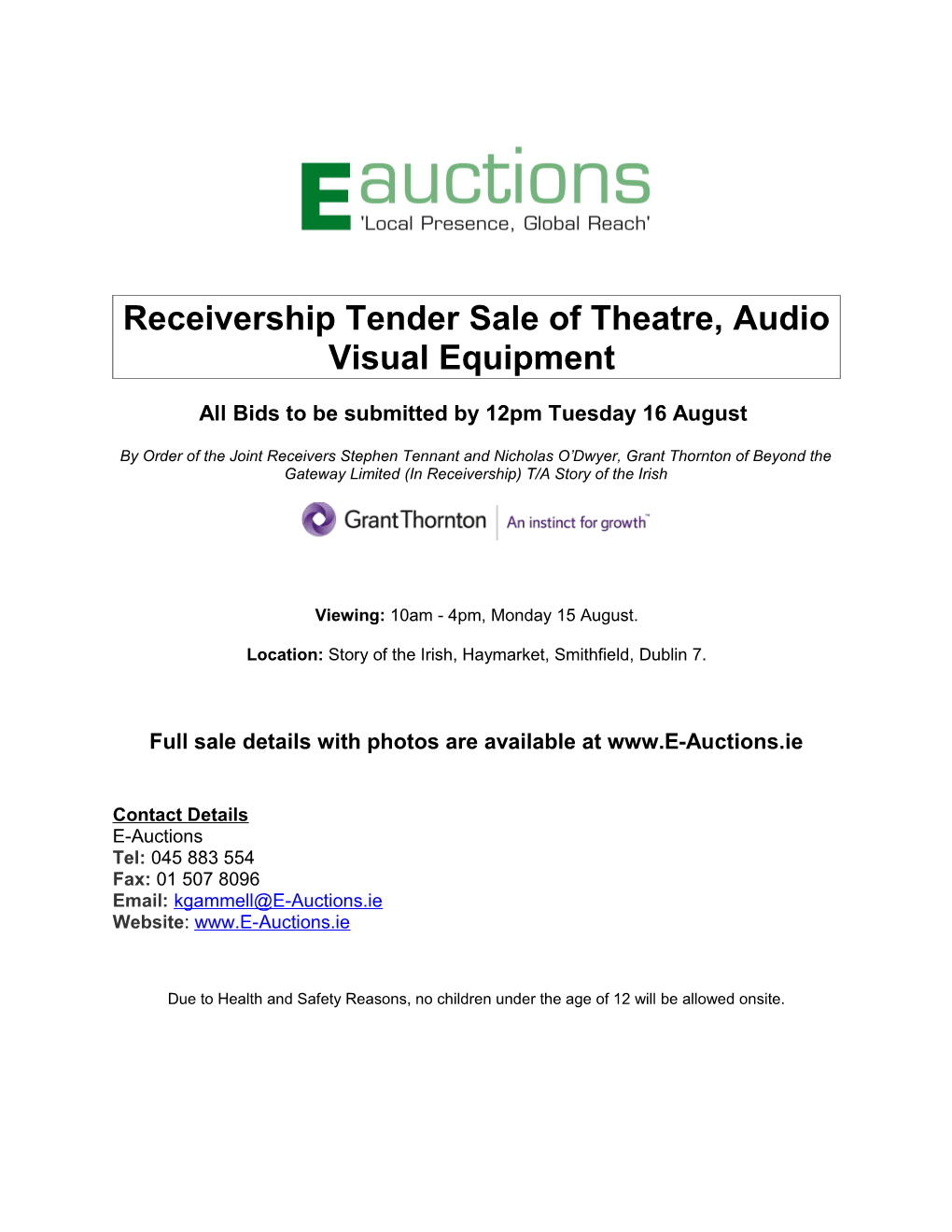 Receivership Tender Sale of Theatre, Audio Visual Equipment