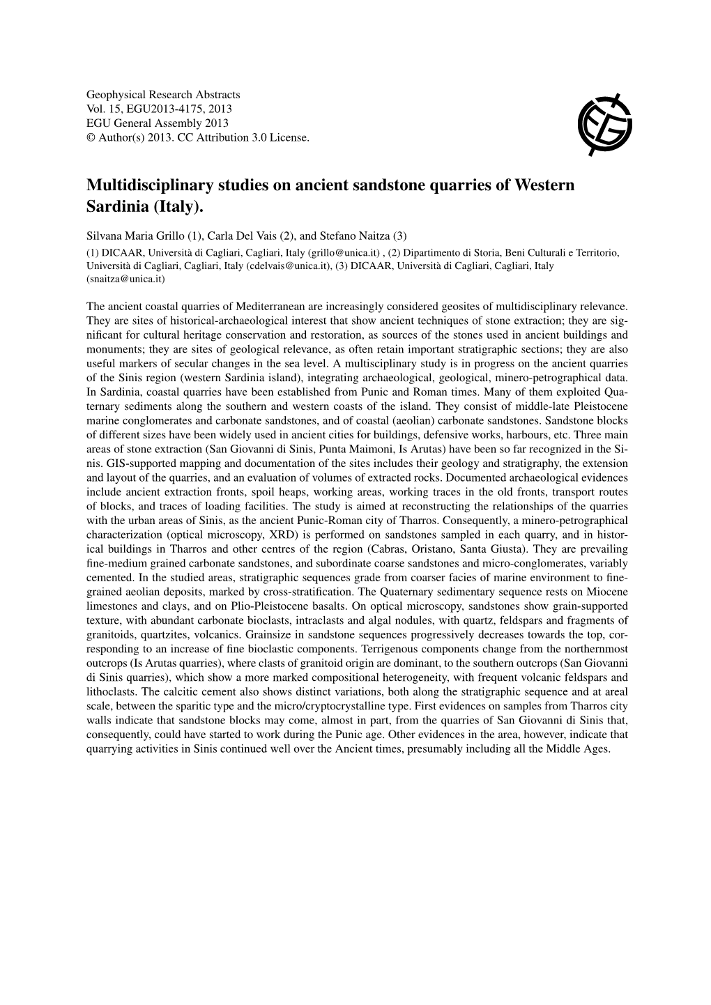 Multidisciplinary Studies on Ancient Sandstone Quarries of Western Sardinia (Italy)