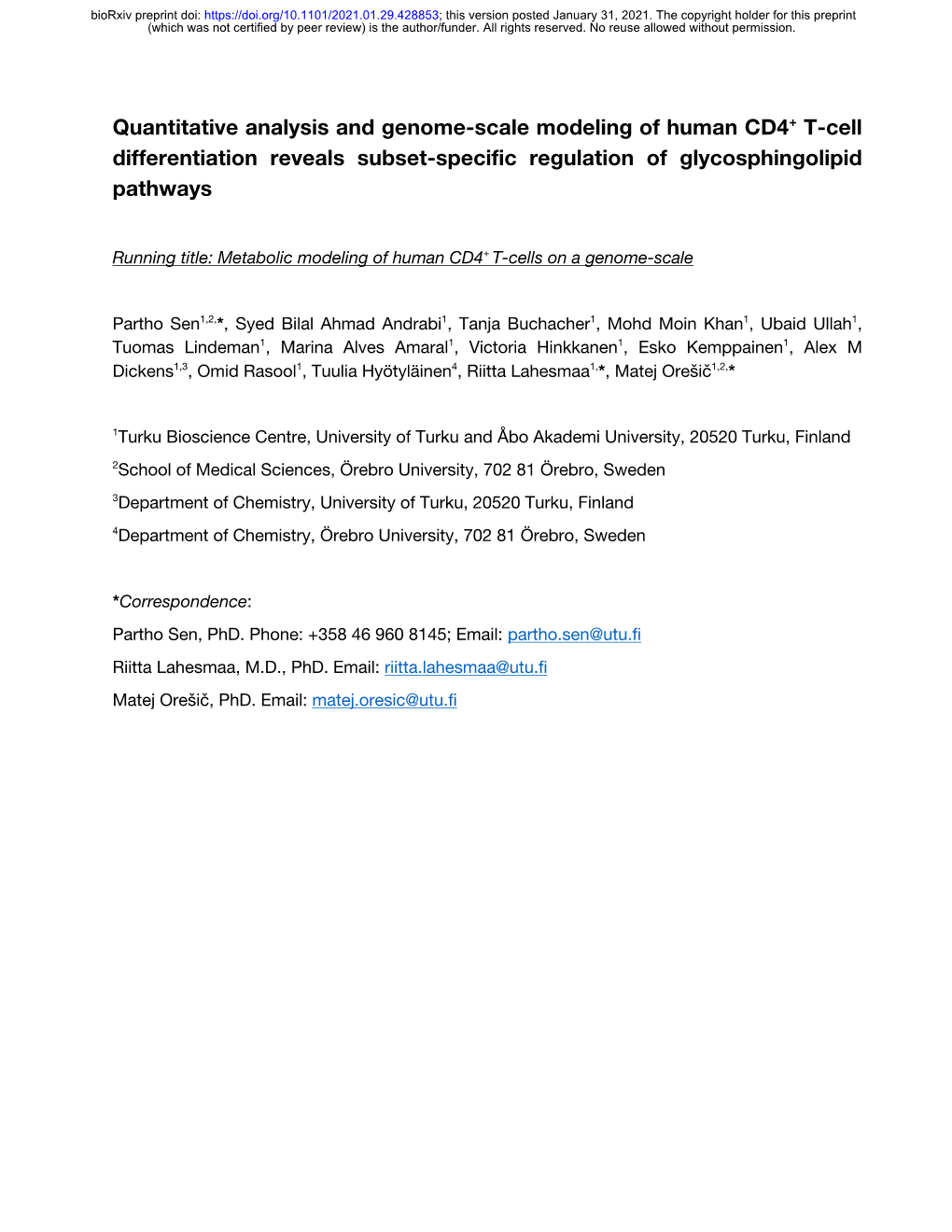 Quantitative Analysis and Genome-Scale Modeling of Human CD4+ T-Cell Differentiation Reveals Subset-Specific Regulation of Glycosphingolipid Pathways