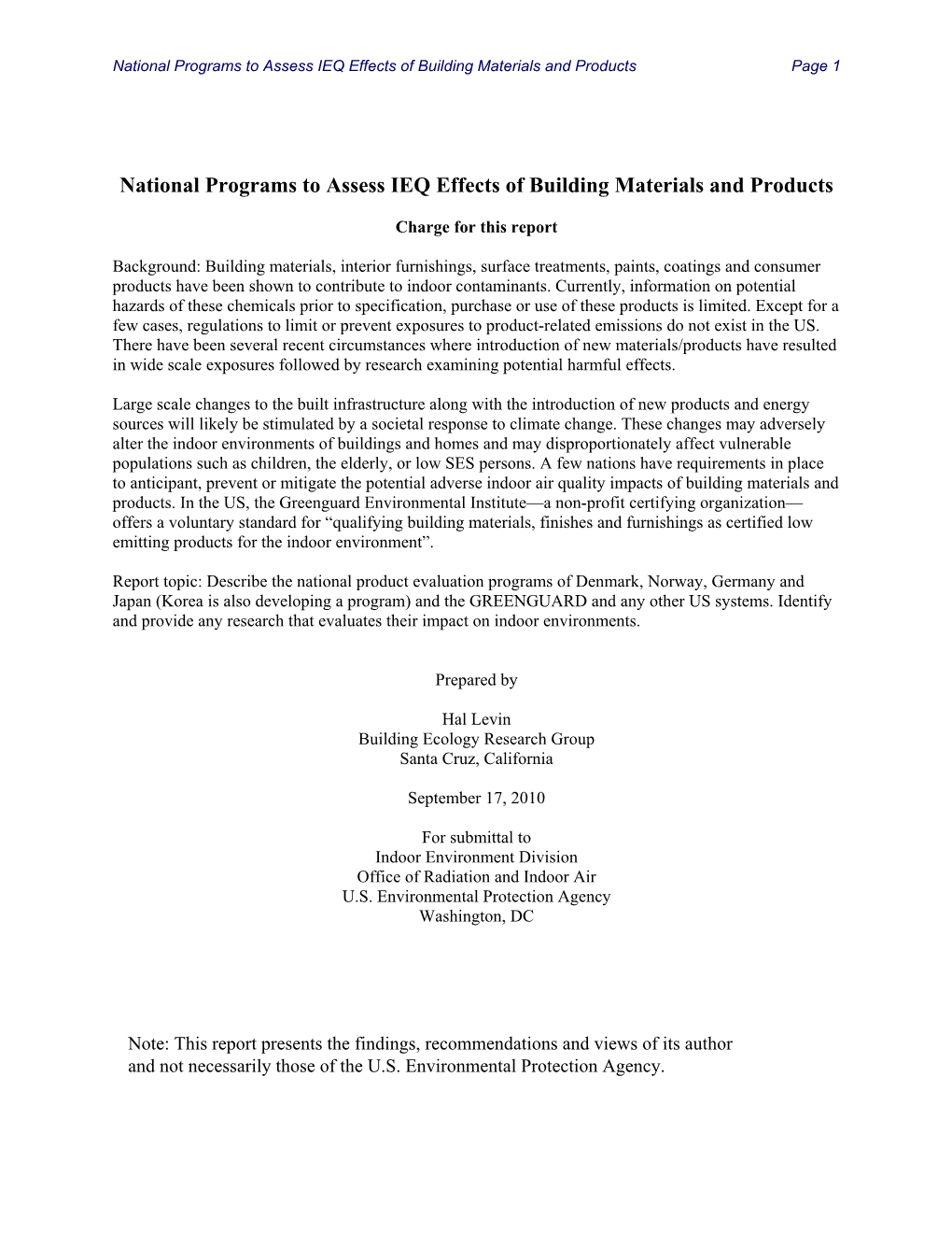 National Programs to Assess IEQ Effects of Building Materials and Products Page 1