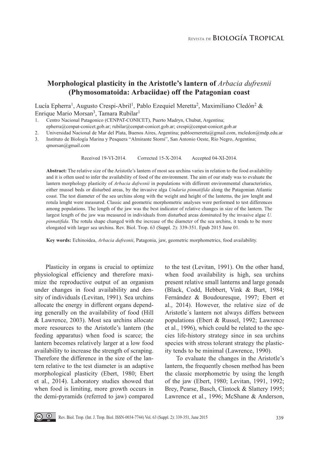 Morphological Plasticity in the Aristotle's Lantern of Arbacia Dufresnii