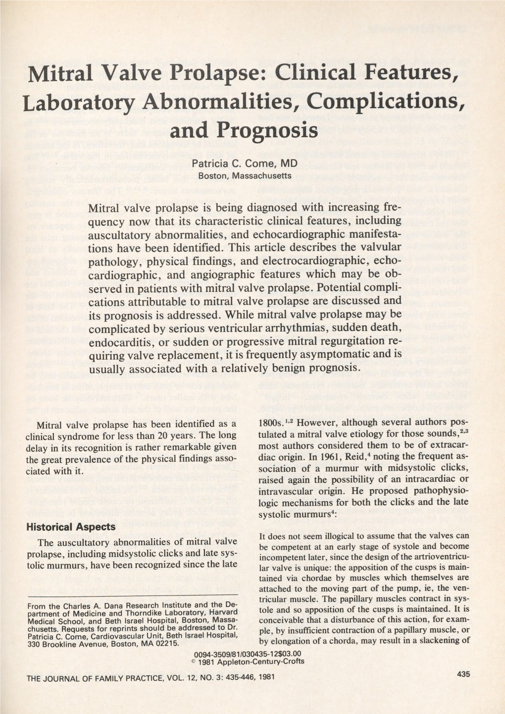 Mitral Valve Prolapse: Clinical Features, Laboratory Abnormalities, Complications, and Prognosis