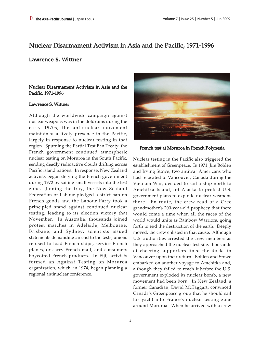 Nuclear Disarmament Activism in Asian and the Pacific, 1971-1996