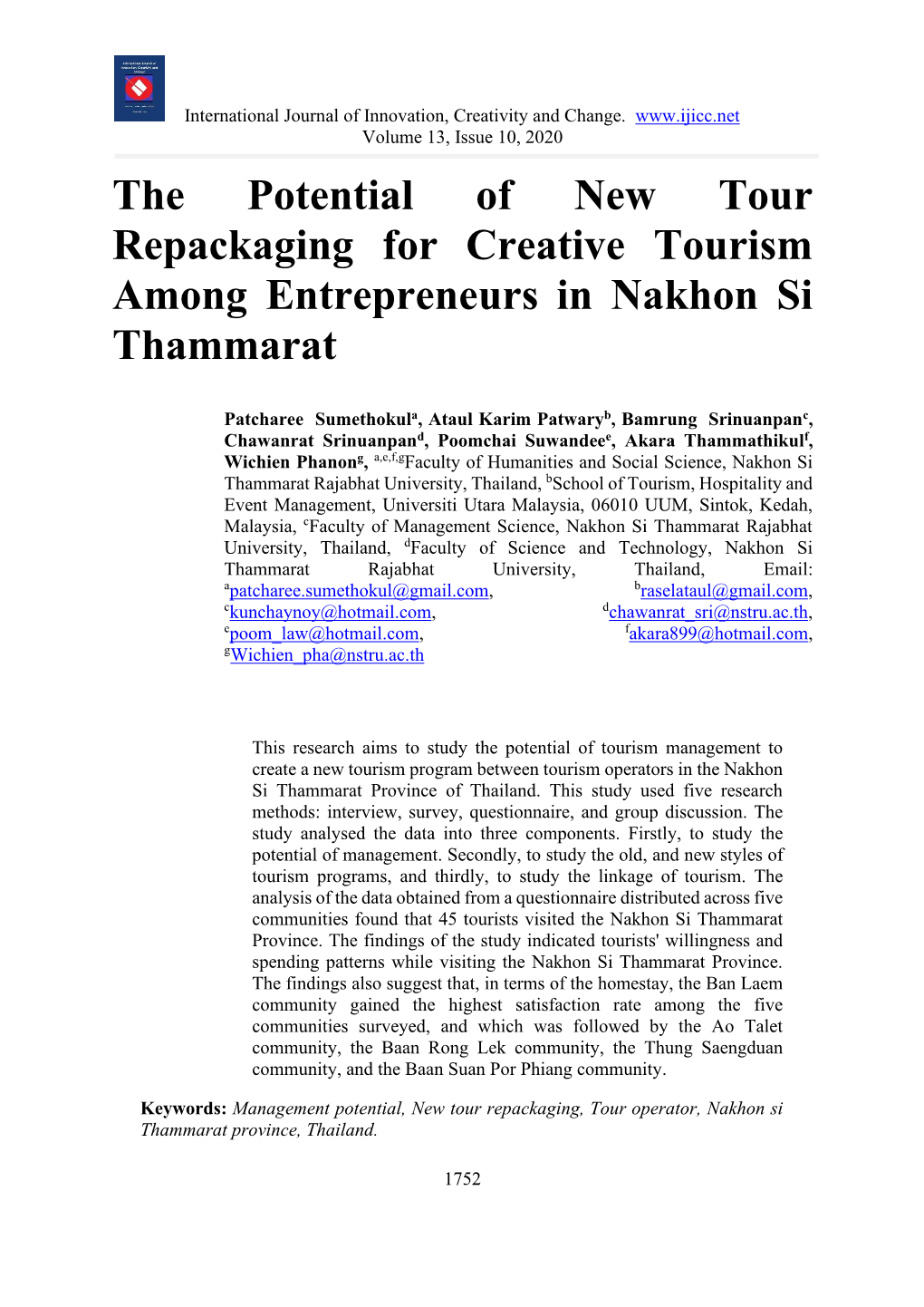 The Potential of New Tour Repackaging for Creative Tourism Among Entrepreneurs in Nakhon Si Thammarat