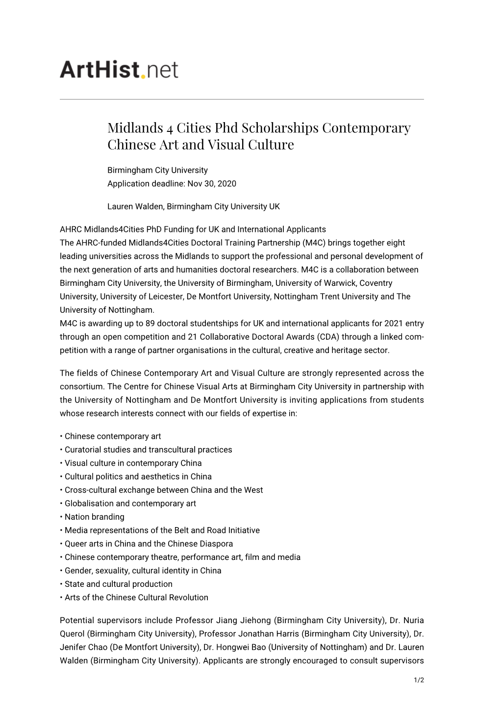 Midlands 4 Cities Phd Scholarships Contemporary Chinese Art and Visual Culture