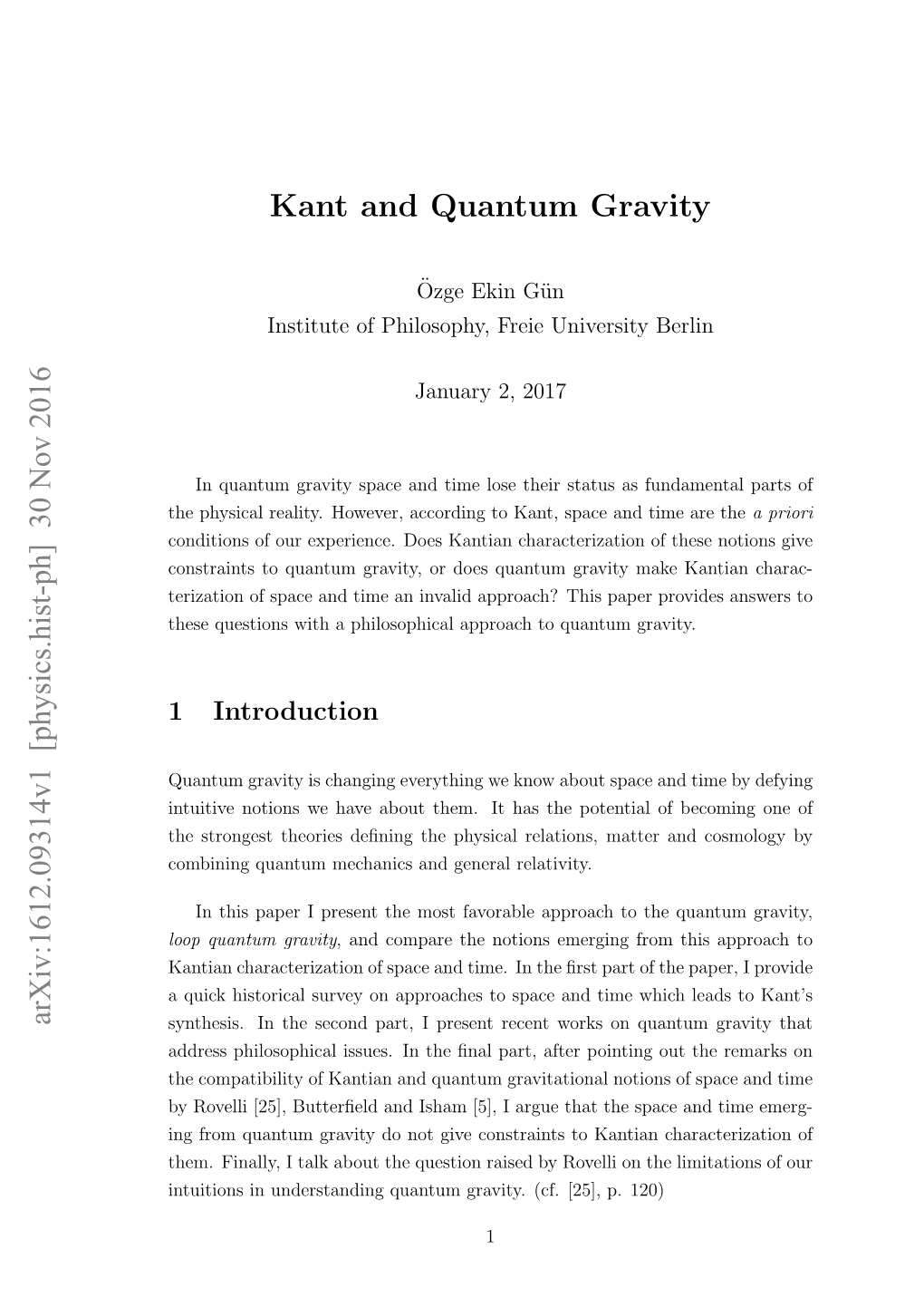 Kant and Quantum Gravity Arxiv:1612.09314V1 [Physics.Hist-Ph]