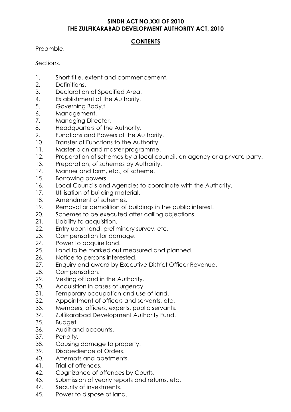 Sindh Act No.Xxi of 2010 the Zulfikarabad Development Authority Act, 2010