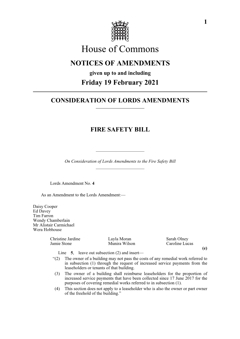 House of Commons NOTICES of AMENDMENTS Given up to and Including Friday 19 February 2021