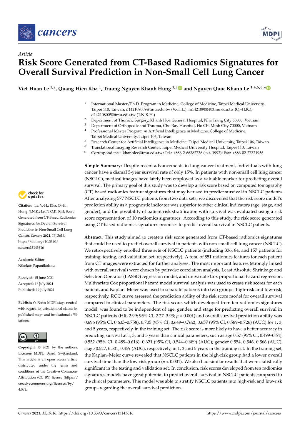 Risk Score Generated from CT-Based Radiomics Signatures for Overall Survival Prediction in Non-Small Cell Lung Cancer