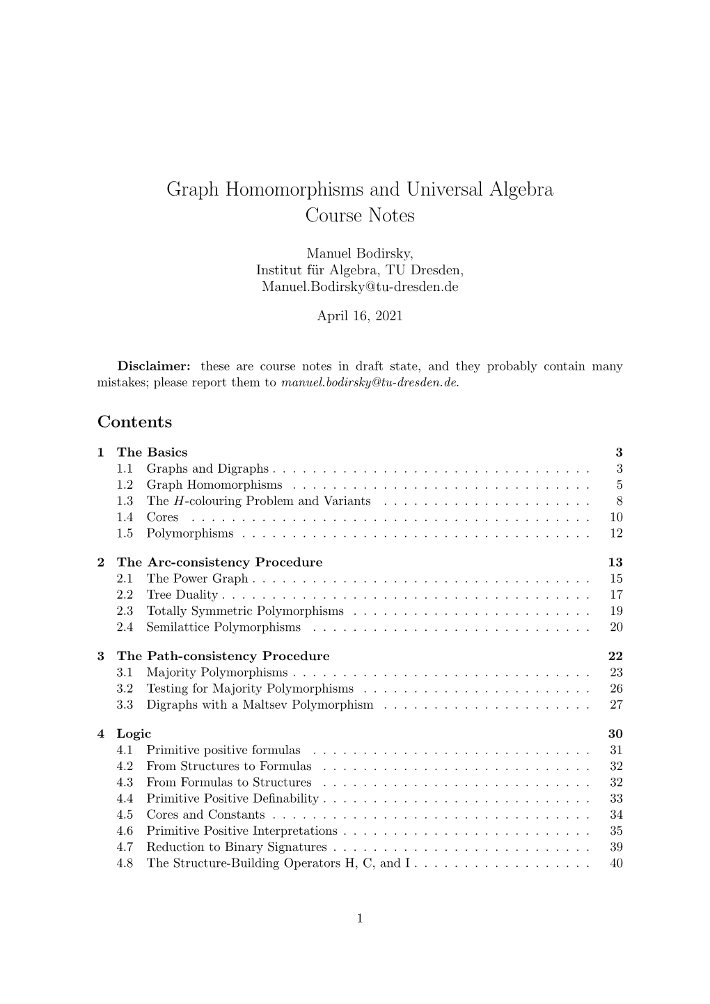 Graph Homomorphisms and Universal Algebra Course Notes