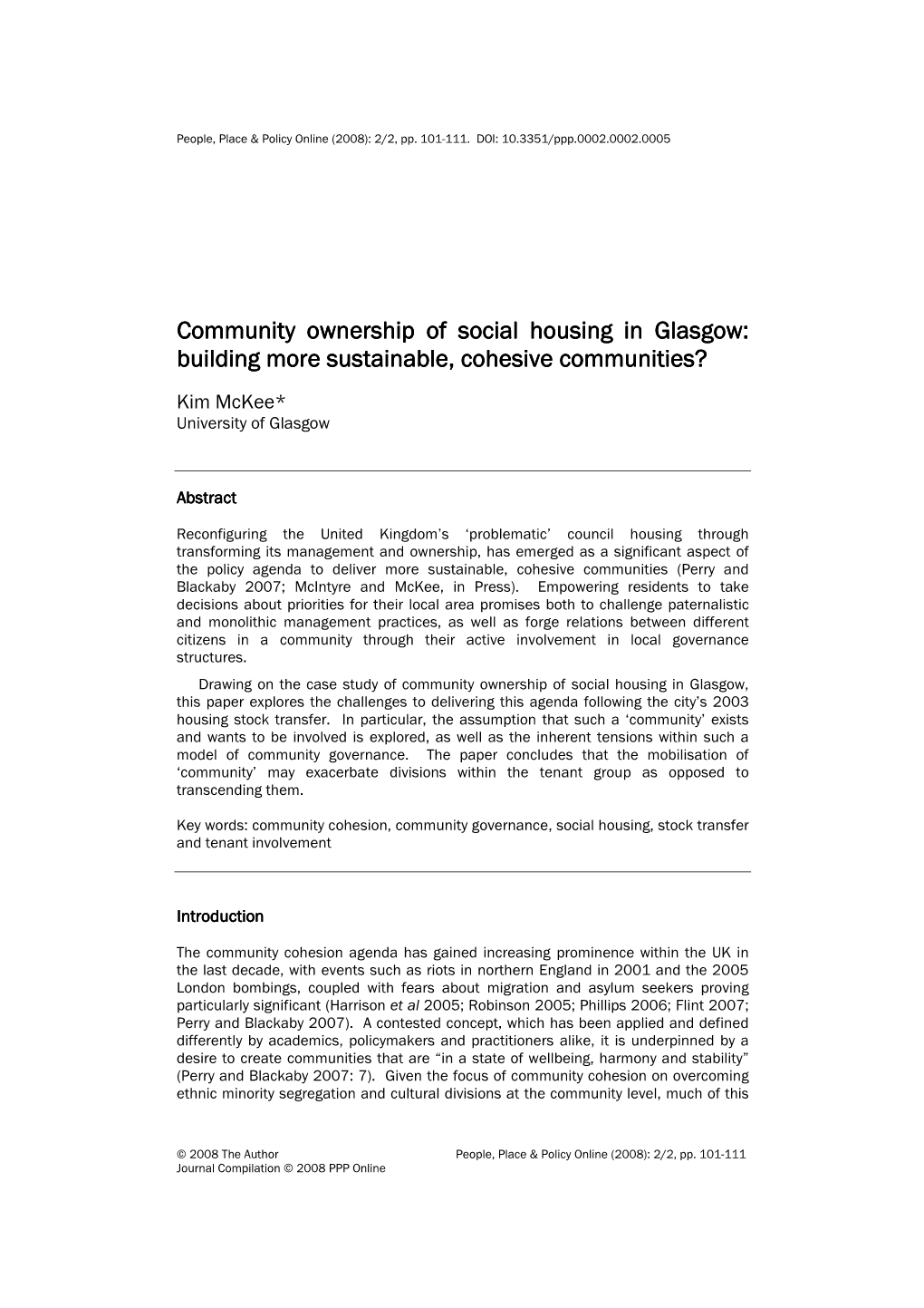 Community Ownership of Social Housing in Glasgow: Building More Sustainable, Cohesive Communities?