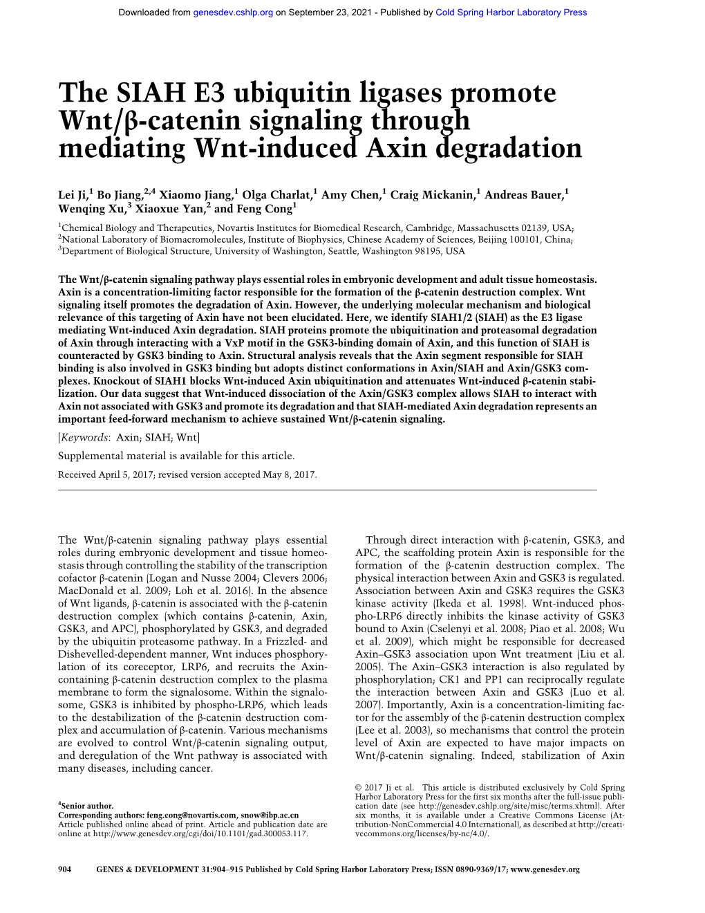 The SIAH E3 Ubiquitin Ligases Promote Wnt/Β-Catenin Signaling Through Mediating Wnt-Induced Axin Degradation