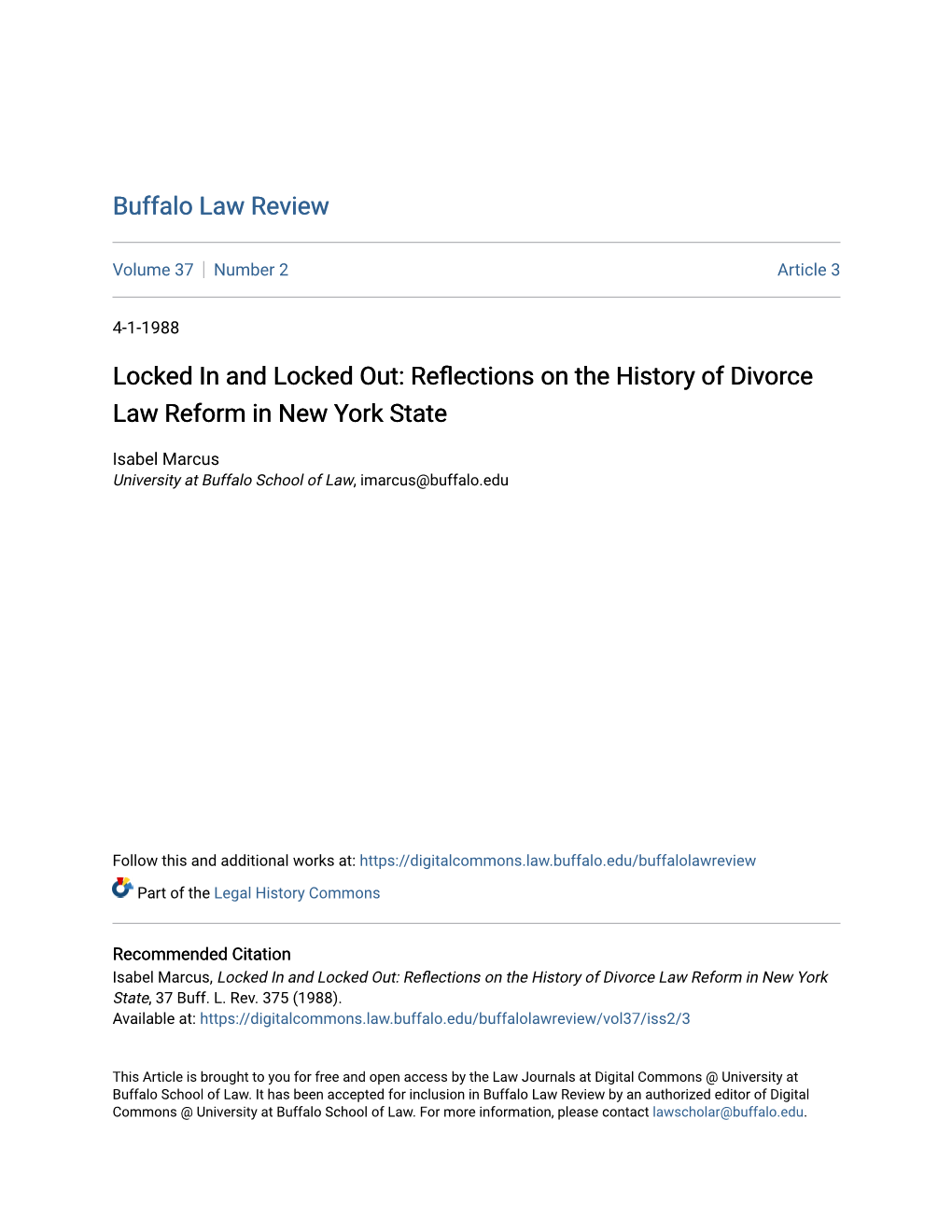 Locked in and Locked Out: Reflections on the History of Divorce Law Reform in New York State