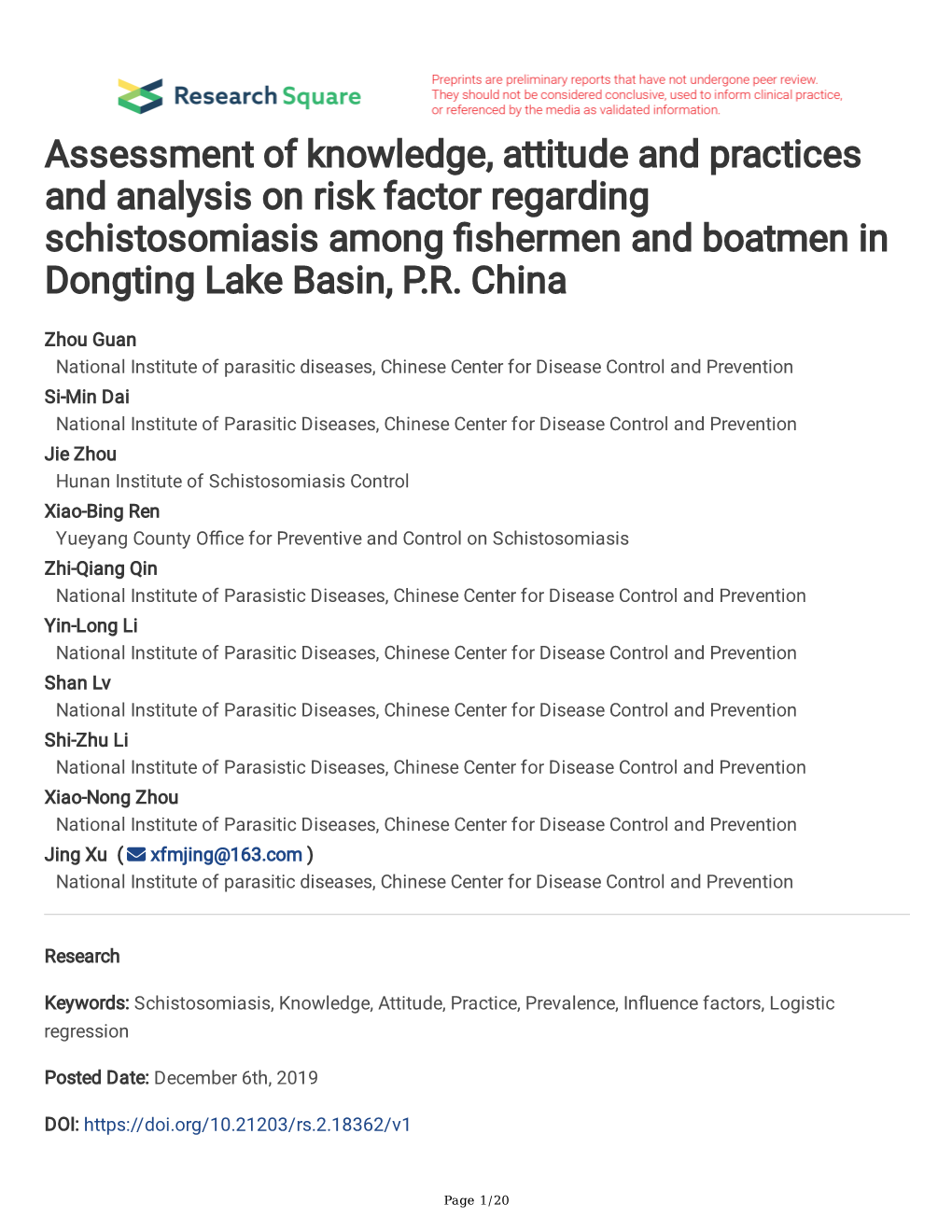 Assessment of Knowledge, Attitude and Practices and Analysis on Risk Factor Regarding Schistosomiasis Among Fshermen and Boatmen in Dongting Lake Basin, P.R