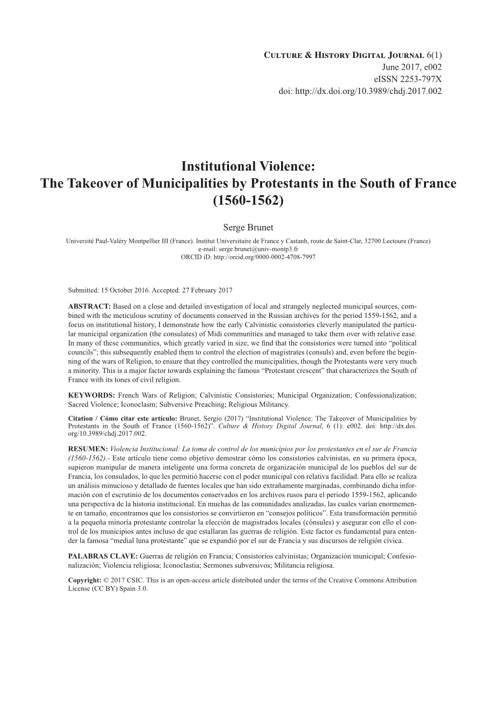 Institutional Violence: the Takeover of Municipalities by Protestants in the South of France (1560-1562)