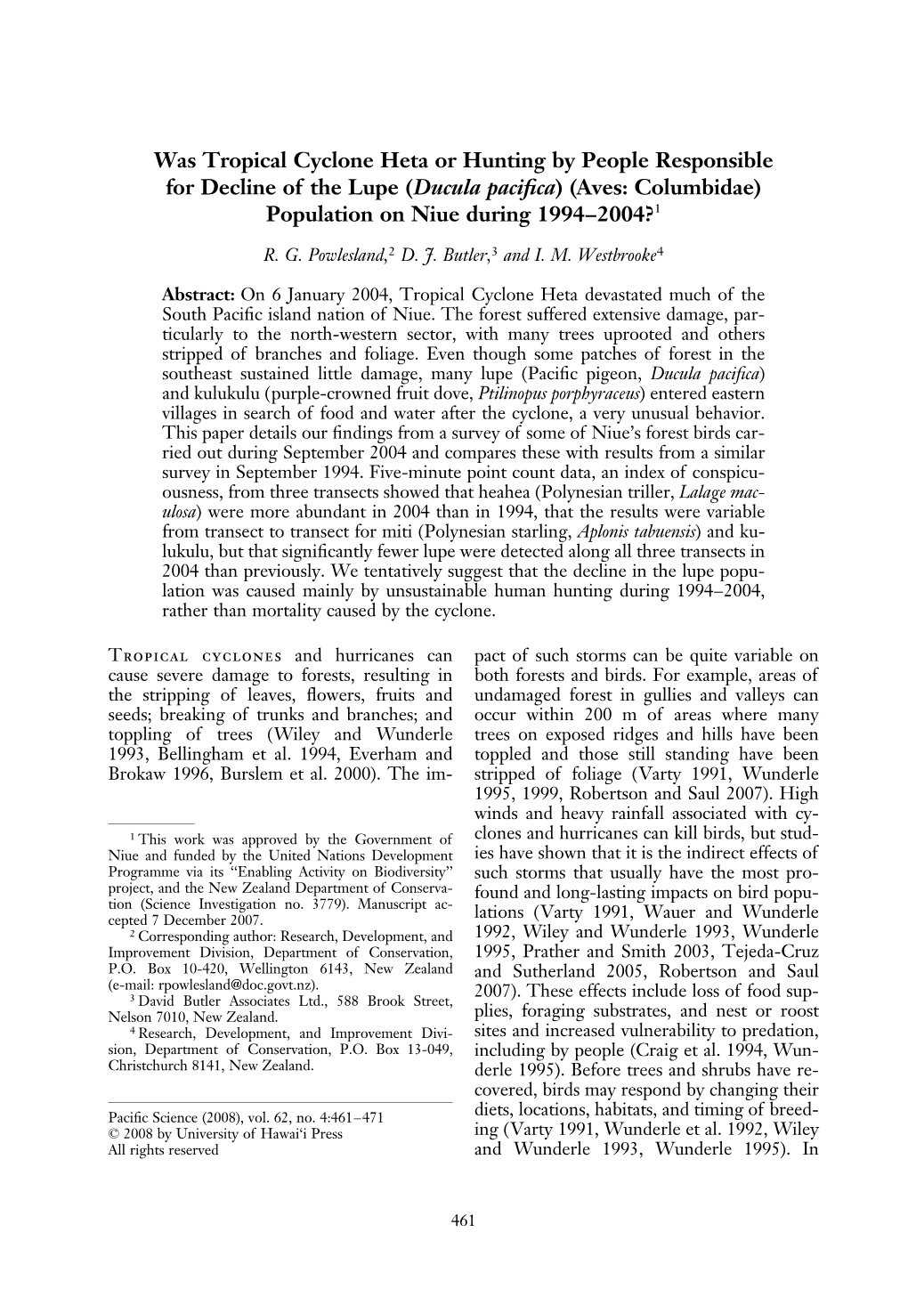 Was Tropical Cyclone Heta Or Hunting by People Responsible for Decline of the Lupe (Ducula Paciﬁca) (Aves: Columbidae) Population on Niue During 1994–2004?1