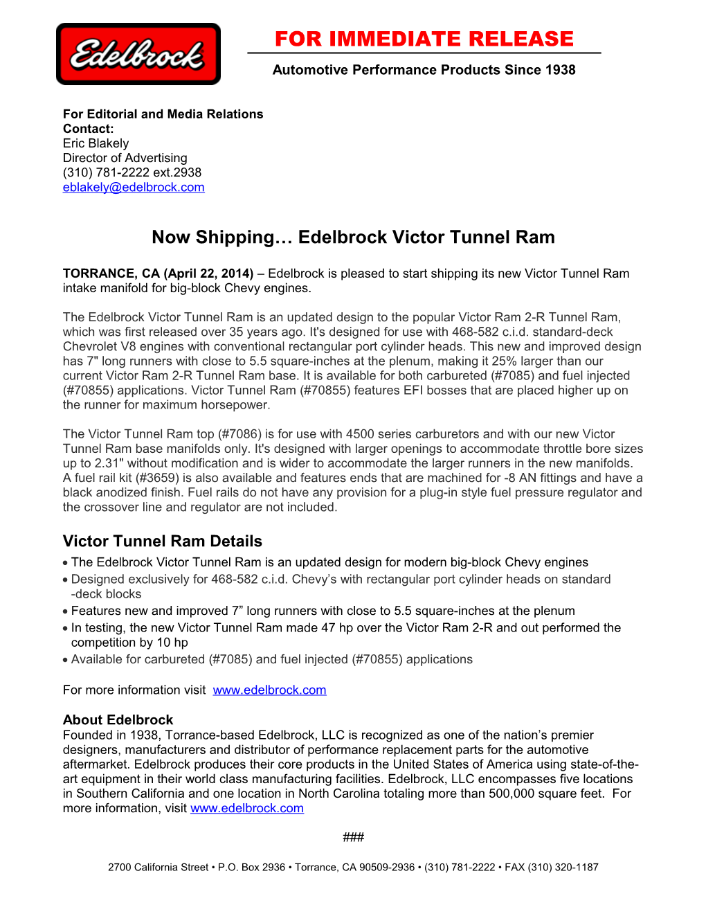 Now Shipping Edelbrock Victor Tunnel Ram