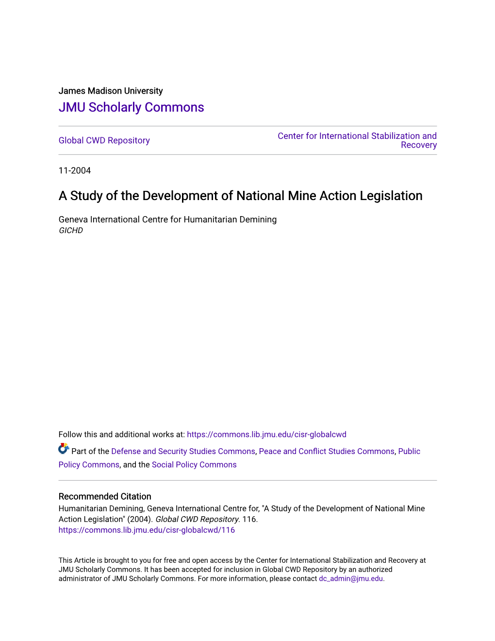 A Study of the Development of National Mine Action Legislation