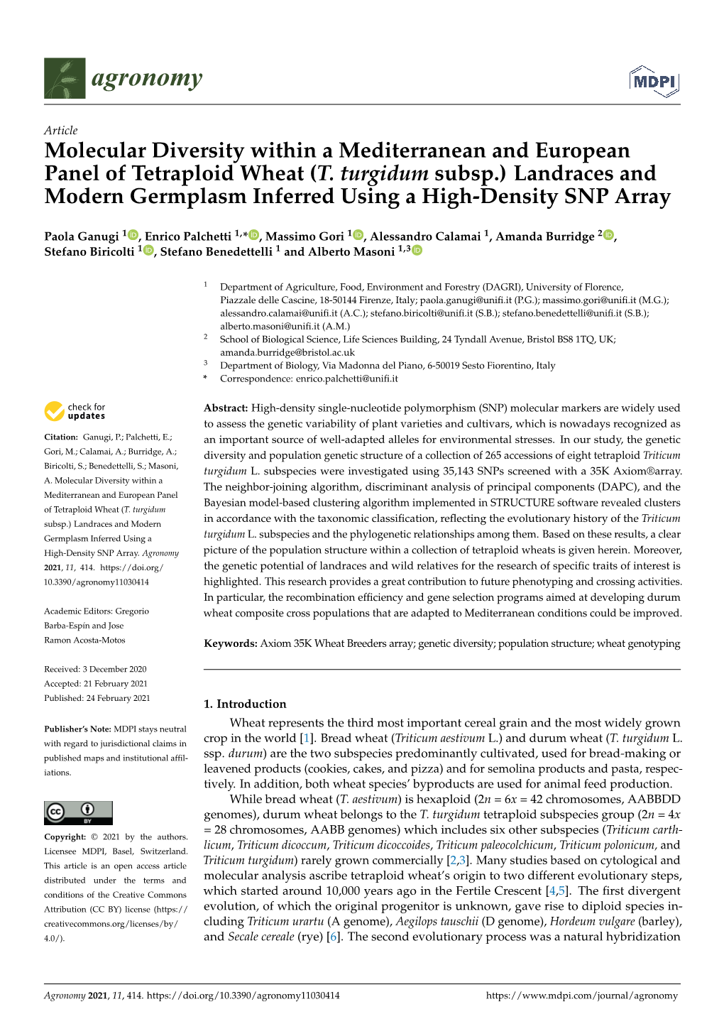 (T. Turgidum Subsp.) Landraces and Modern Germplasm Inferred Using a High-Density SNP Array