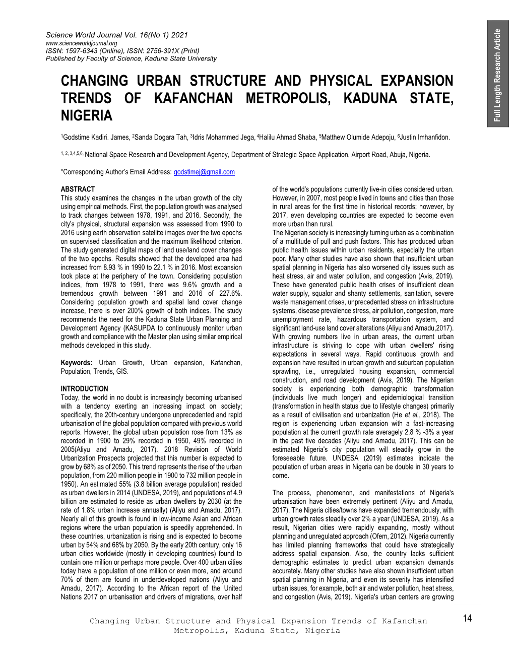 Changing Urban Structure and Physical Expansion Trends of Kafanchan Metropolis, Kaduna State