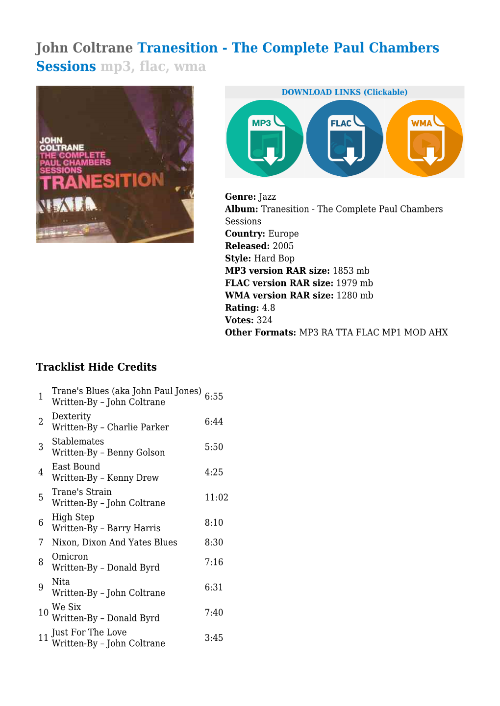 John Coltrane Tranesition - the Complete Paul Chambers Sessions Mp3, Flac, Wma