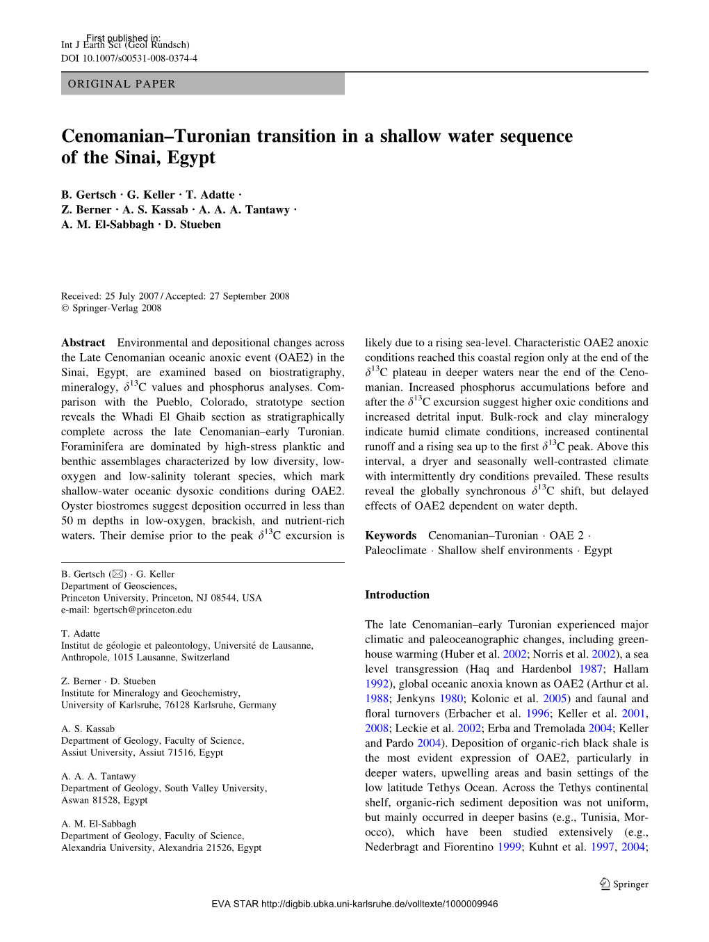 Cenomanian–Turonian Transition in a Shallow Water Sequence of the Sinai, Egypt