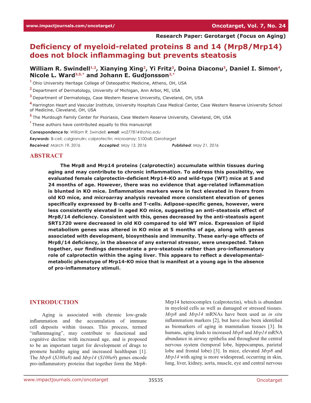 Mrp8/Mrp14) Does Not Block Inflammaging but Prevents Steatosis