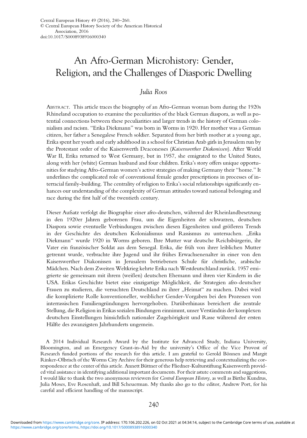 An Afro-German Microhistory: Gender, Religion, and the Challenges of Diasporic Dwelling