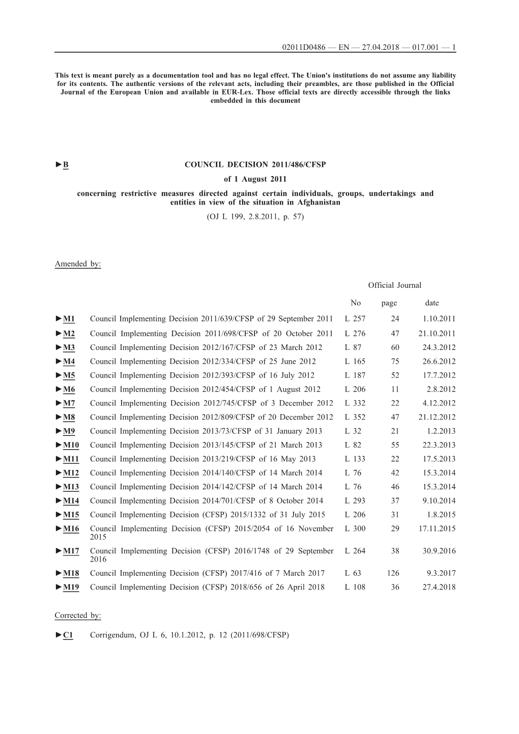 B COUNCIL DECISION 2011/486/CFSP of 1 August 2011