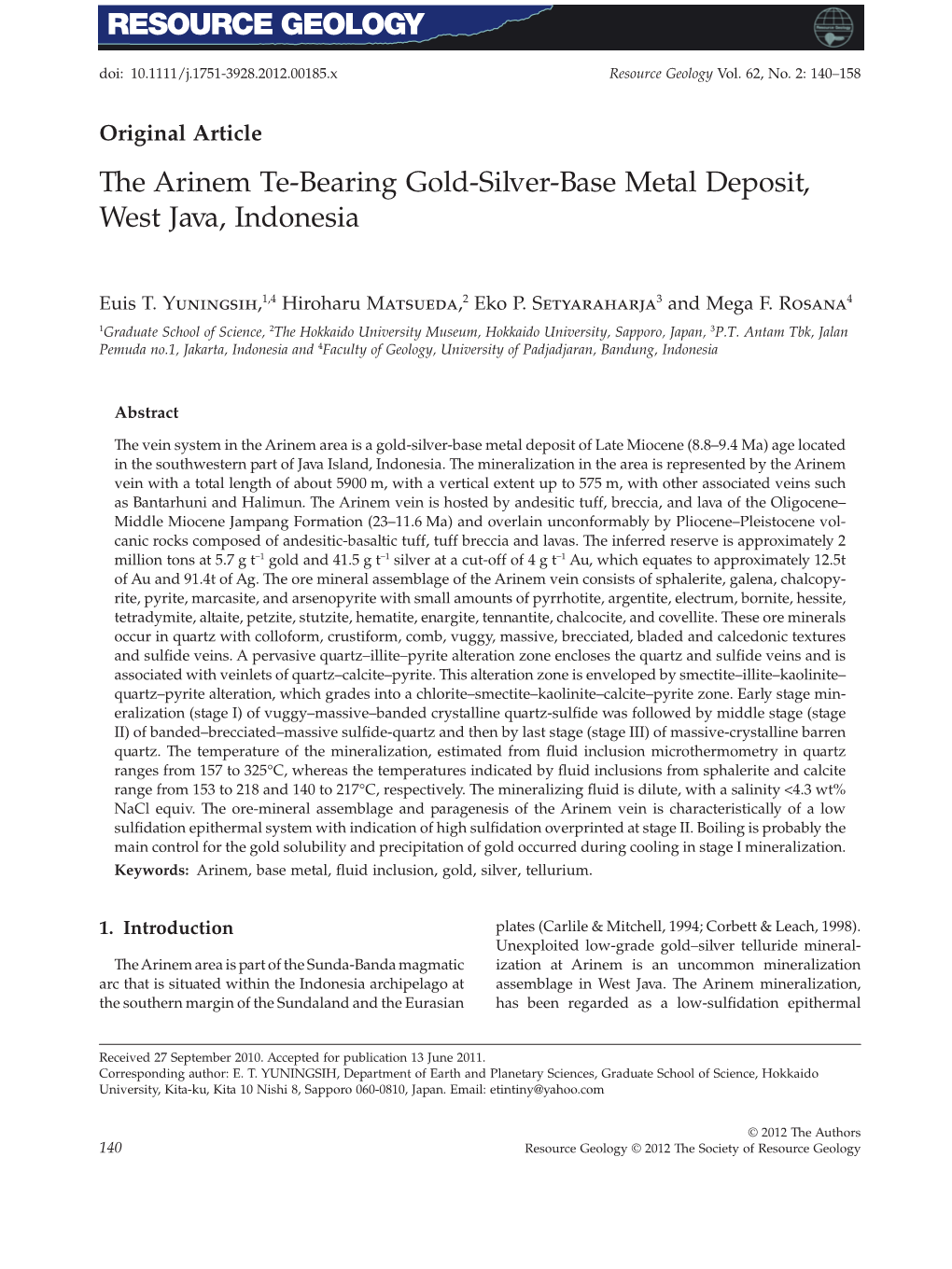 The Arinem Te-Bearing Gold-Silver-Base Metal Deposit, West Java, Indonesia