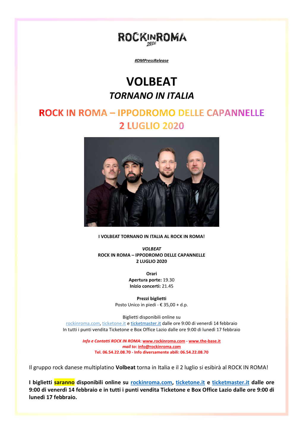 Volbeat Tornano in Italia