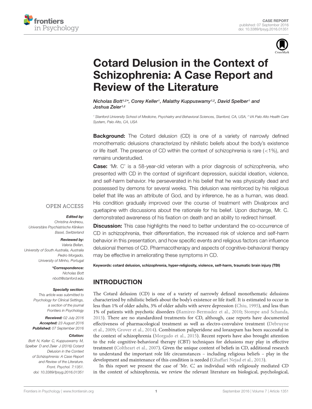 Cotard Delusion in the Context of Schizophrenia: a Case Report and Review of the Literature